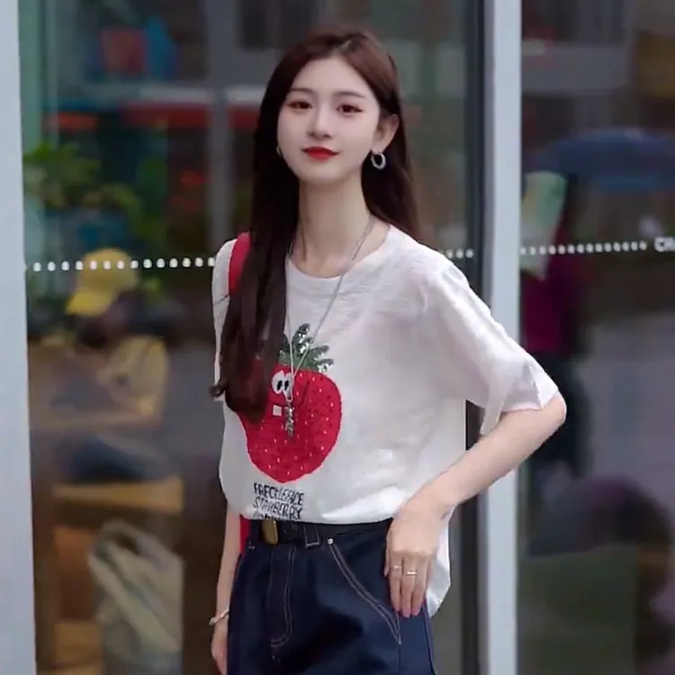 美式印花简约设计感T恤2025夏季新款韩系淑女洋气遮肉显瘦上衣潮