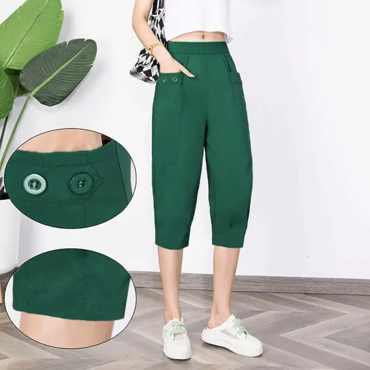 2025新款显瘦七分薄款夏季百搭休闲宽松简约时尚口袋松紧腰哈伦裤