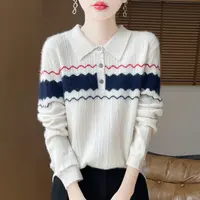 【崔万志优选】100羊毛翻领波浪纹提花羊毛衫