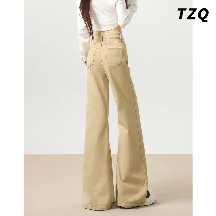 美式卡其色微喇牛仔裤女秋季2025爆宽松阔腿喇叭拖地裤TZQ2582659