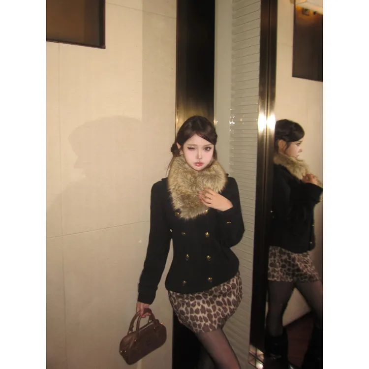 千金感法式复古时尚套装女秋冬新款毛领加厚毛呢外套半身裙两件套