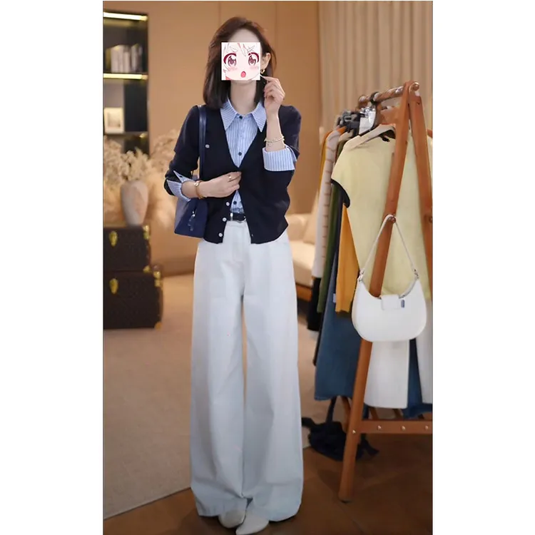 秋季轻职风干练气质polo领条纹假两件长袖针织开衫显腿长直筒裤子