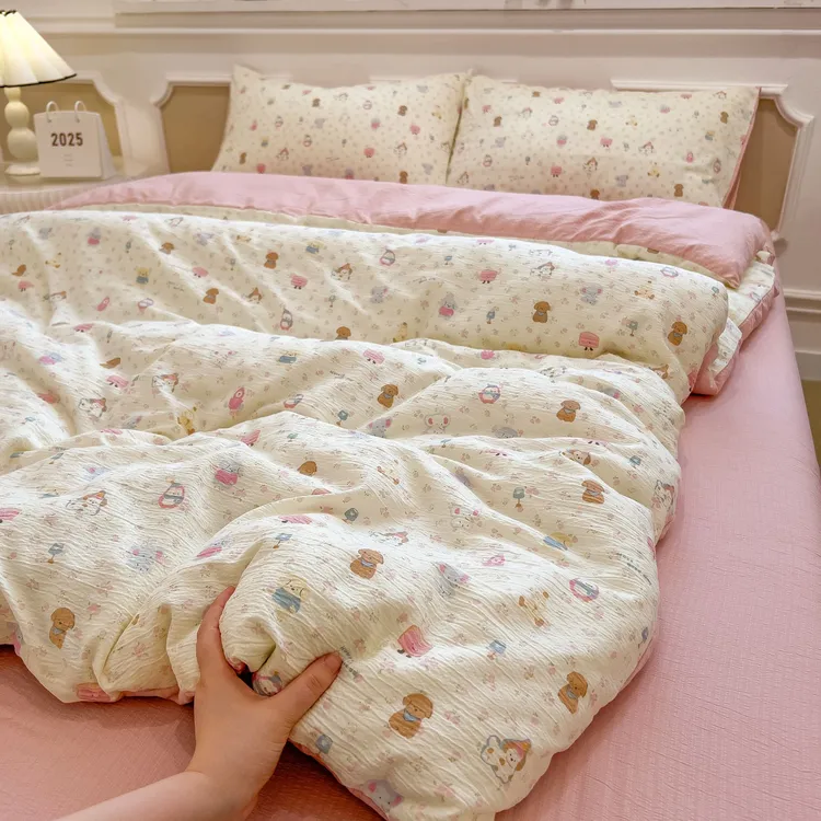 小清新皱皱纱四件套床上用品夏季被套床单三件套家用双人被罩