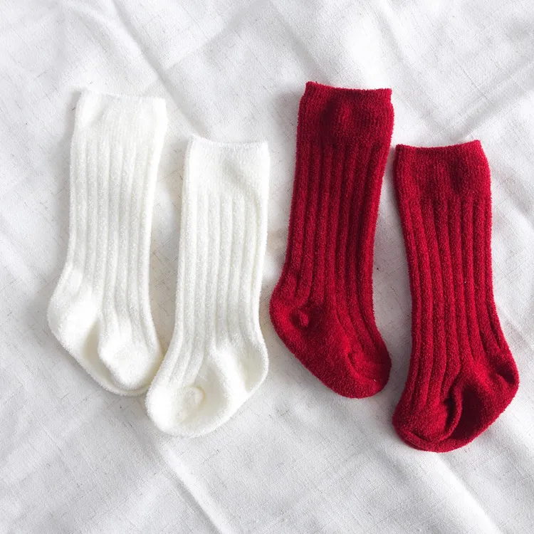 新生婴儿小袜子宝宝袜纯色中长筒秋冬季加绒保暖大红色新年不勒腿