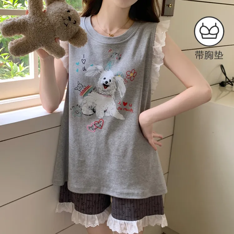 带胸垫韩系ins网红风睡衣夏季女款可爱棉绸无袖可外穿家居服套装