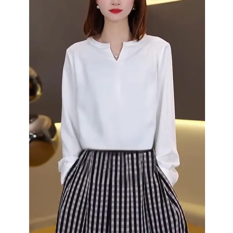 欧货正肩小V领纯棉长袖T恤女士春秋冬打底高级感圆领百搭短款上衣