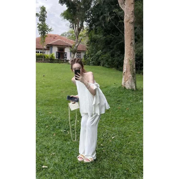 2025夏季新款松弛感绑带斜肩无袖上衣高腰阔腿拖地裤休闲裤两件套