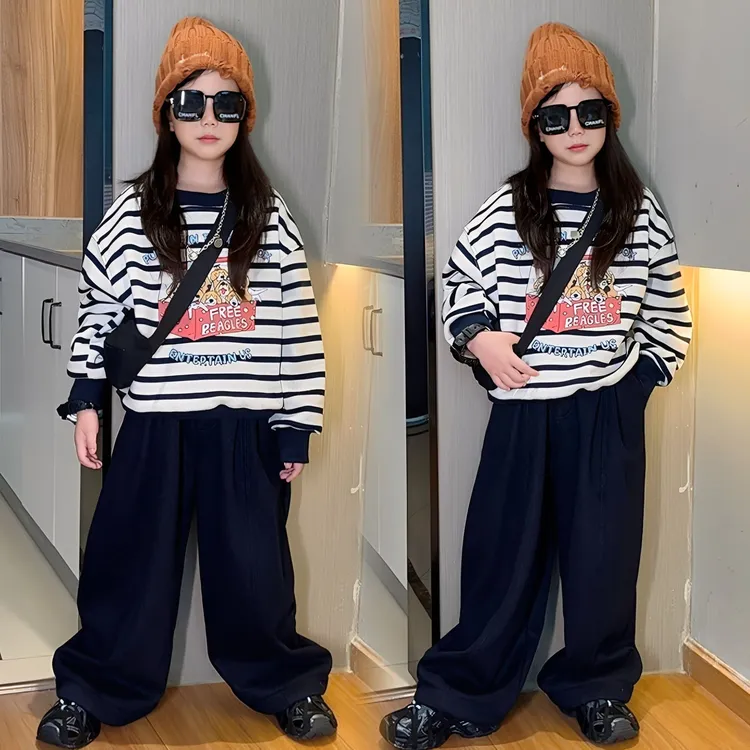 女童秋冬款套装中大童洋气女孩加绒加厚条纹卫衣休闲阔腿裤两件套