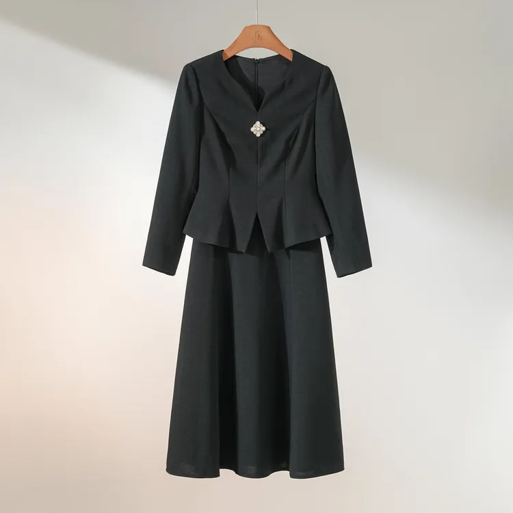 西子/【莱茵蔷薇】重磅醋酸小香风假两件黑色连衣裙/CQXS111