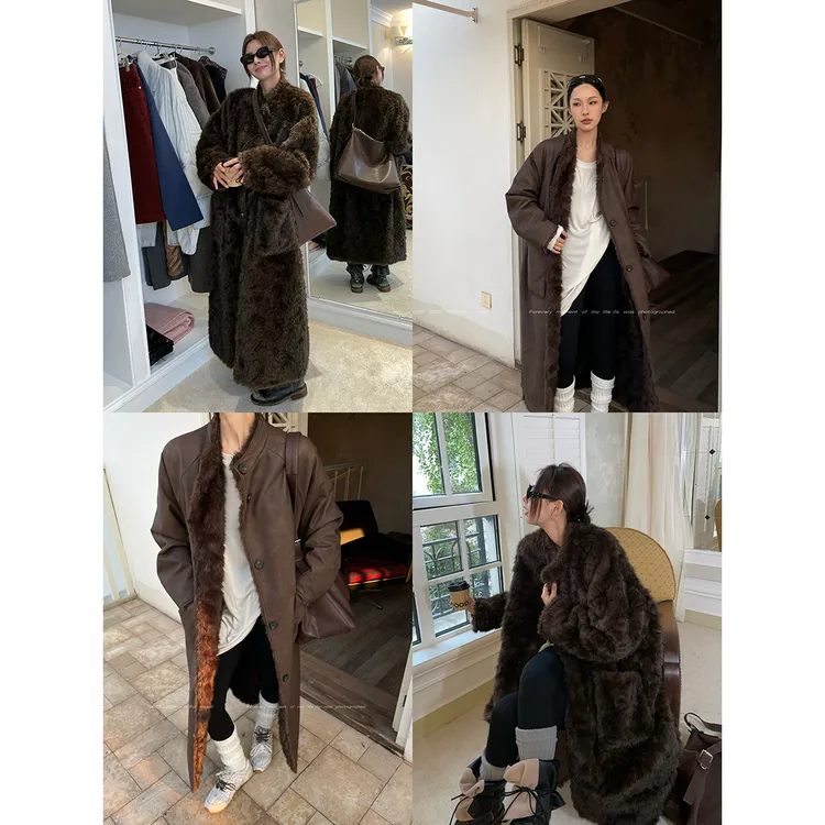 JCCC影子【肉桂卷】咖色皮毛一体双面穿长款大衣外套JE5PPW10