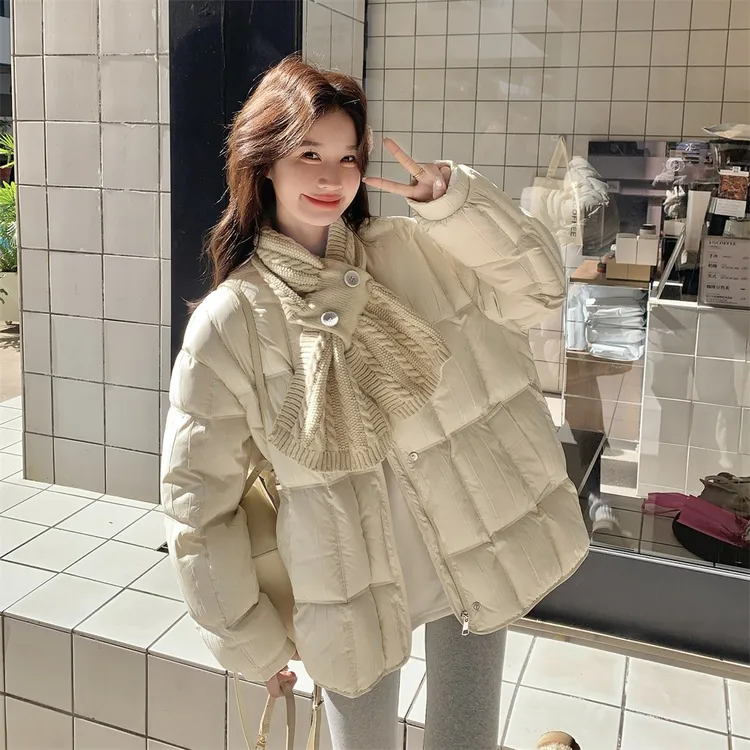 针织围巾绗线羽绒服外套女冬季今年新款设计韩系松弛不臃肿白鸭绒