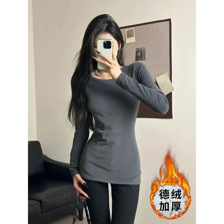 白色INS风圆领辣妹德绒打底衫女秋冬新款内搭上衣中长款洋气长袖t