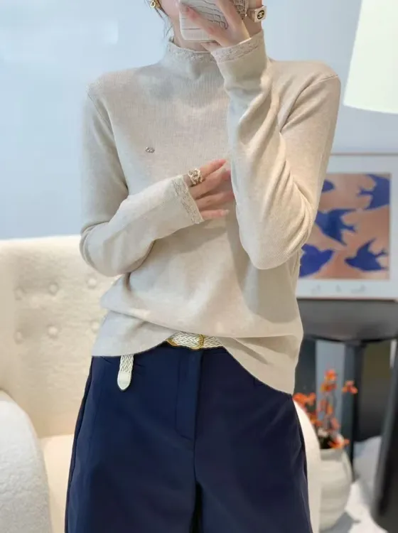 2025新款法式甜美风蕾丝边网红时尚上衣秋冬半高领打底衫薄款女