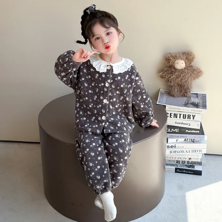 女童套装小女孩宝宝加厚秋冬装法兰绒家居服秋冬季儿童珊瑚绒睡衣