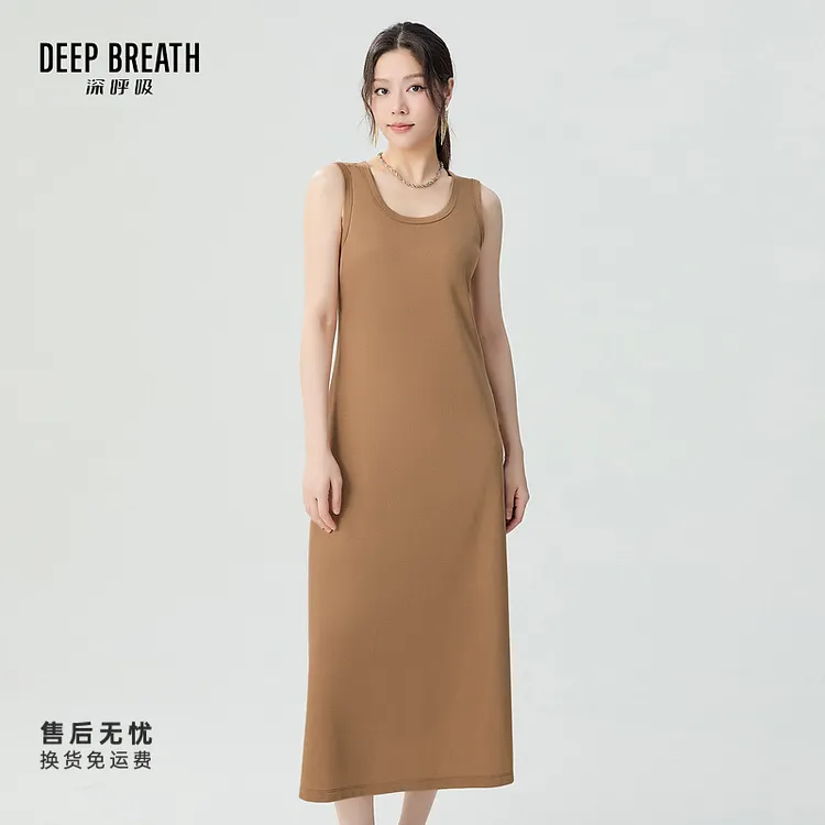 DEEP BREATH深呼吸新款简约U领三醋酸无袖休闲长款连衣裙A500401