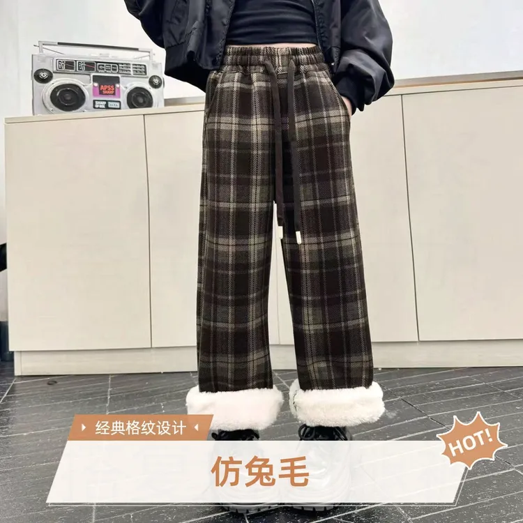 仿兔毛格子裤女冬季2025冬季高腰加绒加厚休闲直筒百搭复古阔腿裤