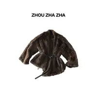 【周炸炸】獭兔毛 麦穗编织V领开衫式配腰带廓形毛呢大衣#531723