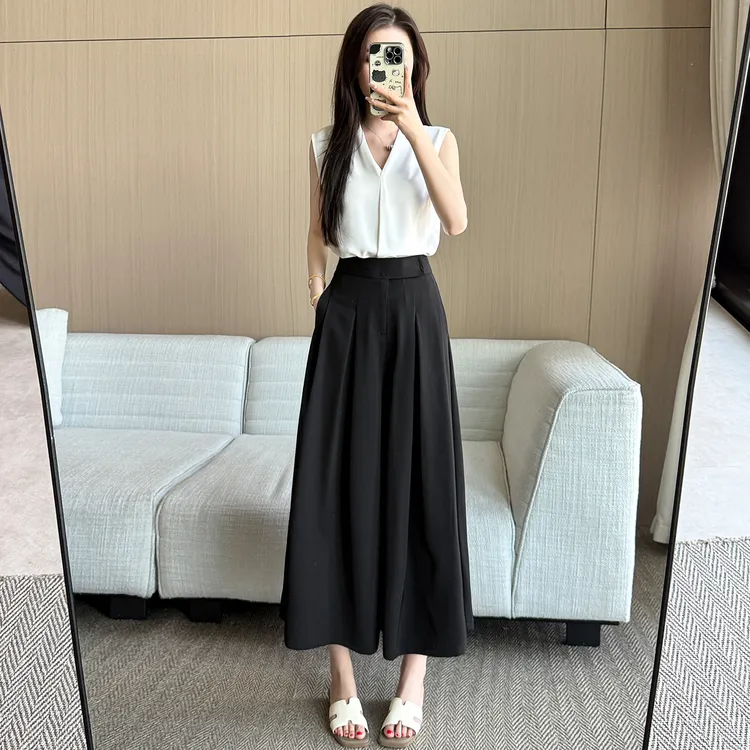 小个子垂感阔腿裤裙薄款2025女夏洋气黑色收腰高腰显高显瘦裤裙