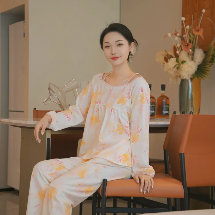 芬腾睡衣长袖秋季圆领家居服套装棉麻睡衣套装薄款纯棉大码春秋季