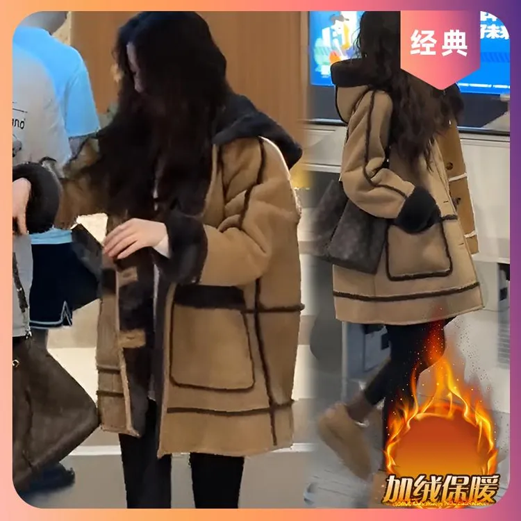 高级感皮毛一体毛毛外套女秋冬季新款加绒加厚连帽大口袋拼接大衣