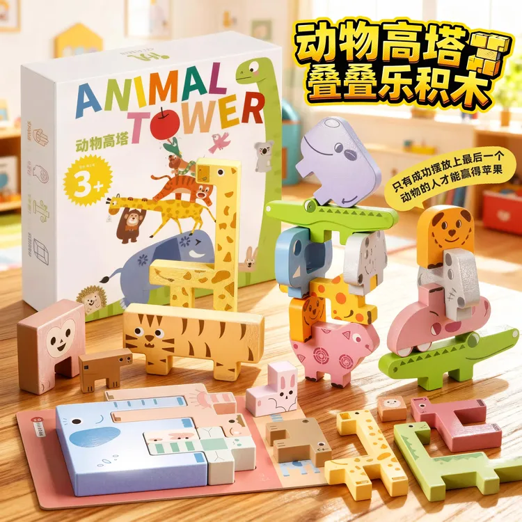 动物高塔叠叠乐积木玩具儿童桌游亲子互动思维训练早教益智游戏