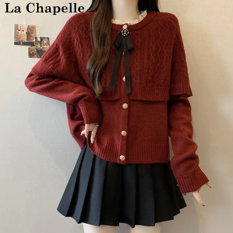 拉夏贝尔秋冬新款红色斗篷披肩针织衫女大码显瘦遮肉百搭毛衣上衣