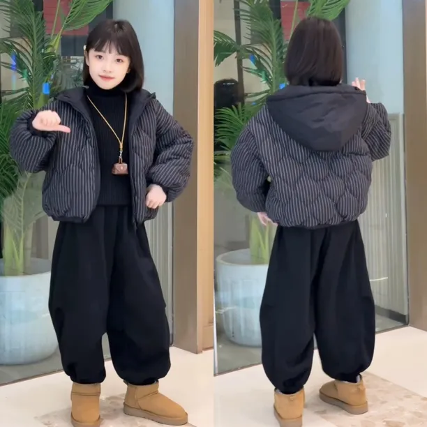 女童秋冬套装韩系休闲时尚条纹短款连帽棉衣面包服外套加绒灯笼裤