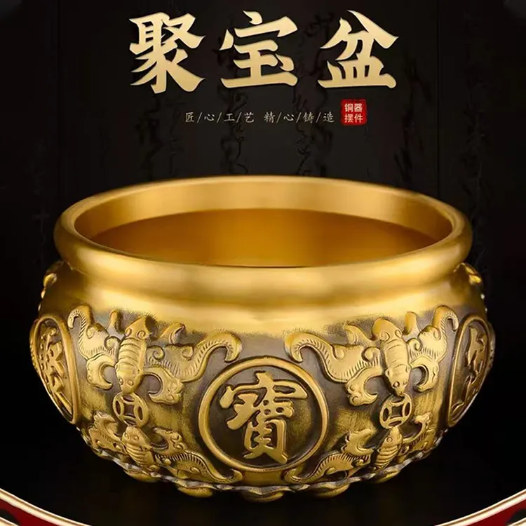【铜鑫源】全黄铜双鱼聚宝盆存米罐家居办公桌装饰品招财聚财