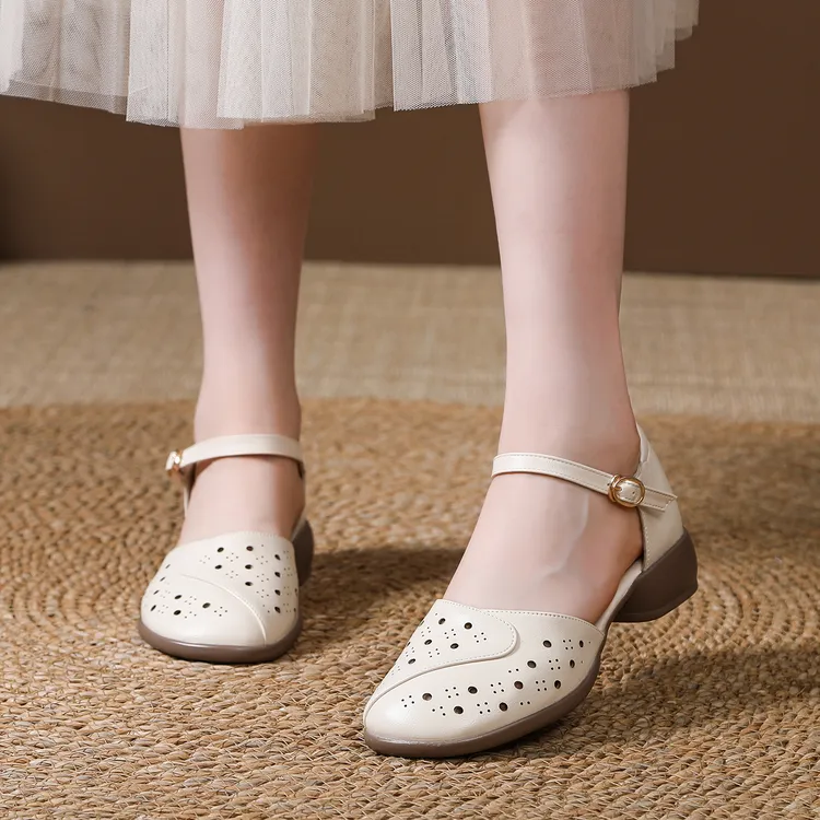 秋季新款真皮软底镂空低跟女鞋透气防滑时尚百搭气质舒适女鞋