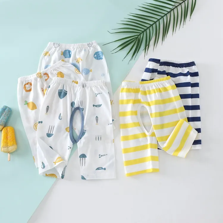 宝宝夏季纯棉七分裤休闲裤夏装婴儿开裆女童薄款儿童长裤女睡裤男