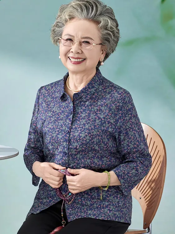 中老年人夏装女奶奶全棉衬衫60岁妈妈衬衣纯棉老人衣服老太太上衣