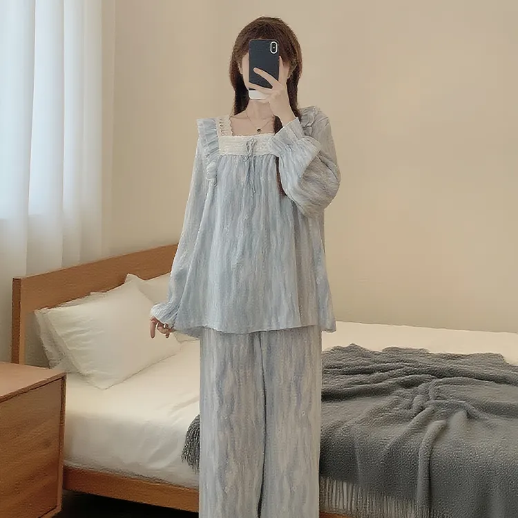 炸姐大码睡衣女秋季2025新款晕染蓝方领休闲套装甜美可外穿家居服