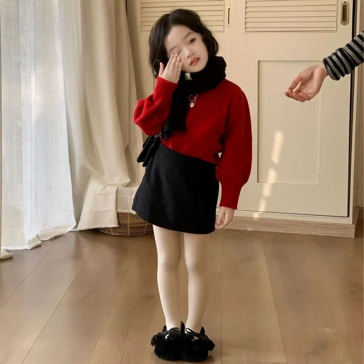 2025秋冬款韩版女童复古红色针织衫灯笼袖毛衣保暖毛呢半身裙套装