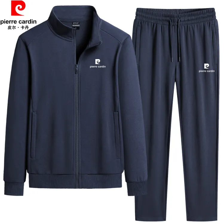 皮尔卡丹春秋开衫纯棉休闲套装卫衣外套男士立领运动服跑步两件套