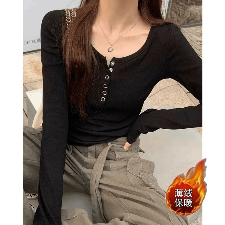 韩系慵懒风巨好看内搭长袖T恤女排扣u领秋冬穿搭打底修身显瘦上衣