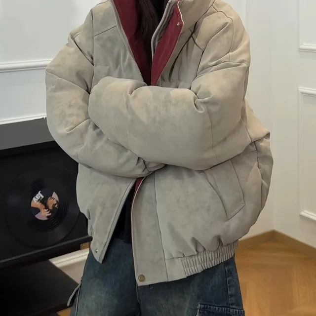 雅鹿美式复古扎染皮衣羽绒服男款冬季加厚撞色立领棉衣显瘦面包棉