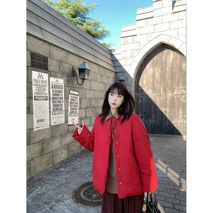 韩系复古氛围感红色宽松棉服女2025冬季新款加厚保暖百搭棉衣外套