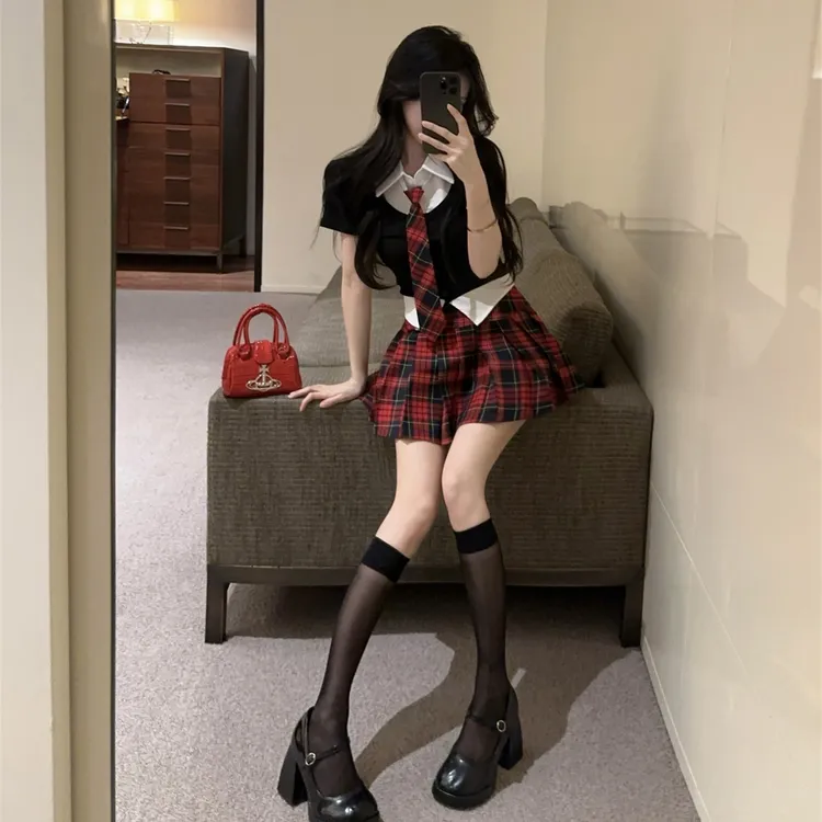 夏学院风美式jk制服套装女甜辣高级感假两件上衣短袖半身裙两件套