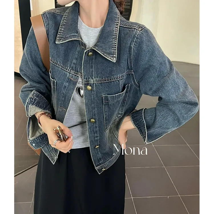 高腰短款牛仔外套女春秋新款韩版宽松休闲复古蓝色小个子夹克上衣