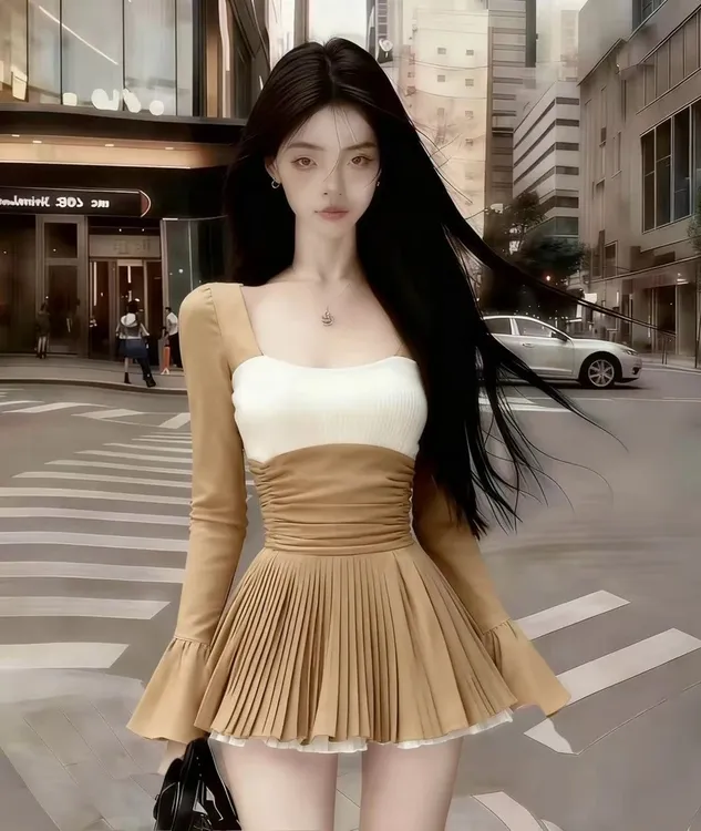 轻奢优雅千金风卡其色U领长袖收腰拼接百褶短款气质显瘦连衣裙女