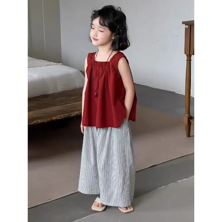 2025新款女童夏季套装衬衫裤子两件套装纯色飞袖娃娃衫九分裤套装