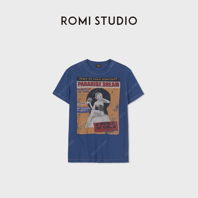 ROMI STUDIO“电影海报”复古套色印花休闲宽松T恤短袖RWDSSE2167