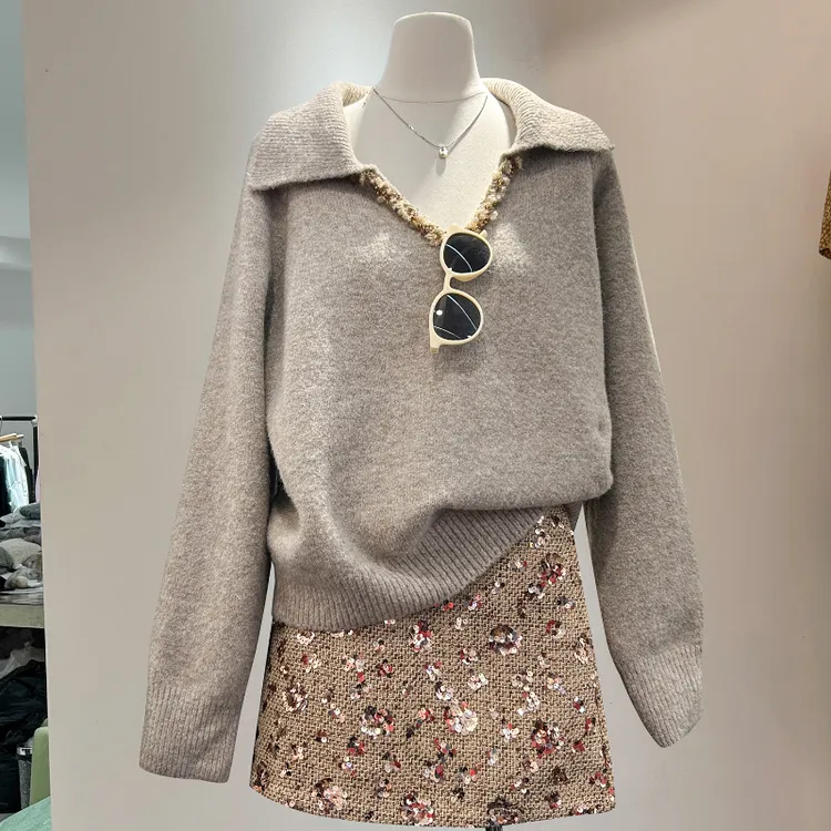 2025秋季新款女装法式千金风V领针织毛衣气质慵懒亮片短裙两件套