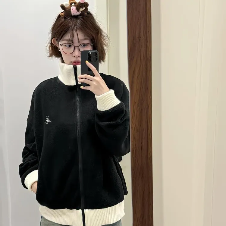 美式复古摇粒绒立领开衫外套女撞色秋冬经典宽松显瘦百搭长袖上衣