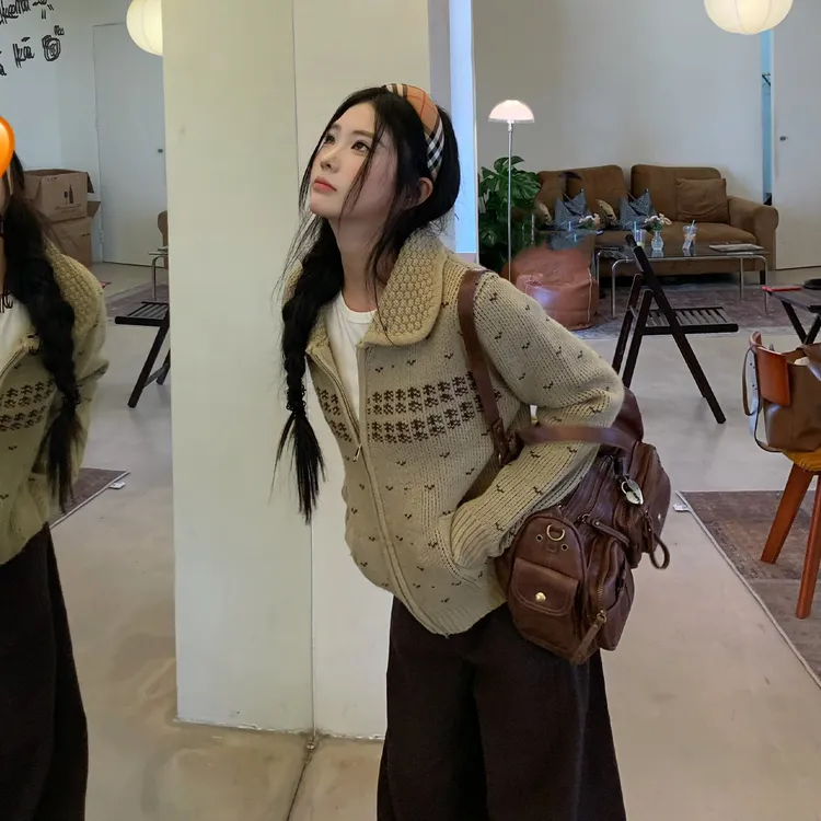 【番茄妹妹】复古费尔岛毛衣外套女秋季慵懒风软糯显瘦拉链针织开衫