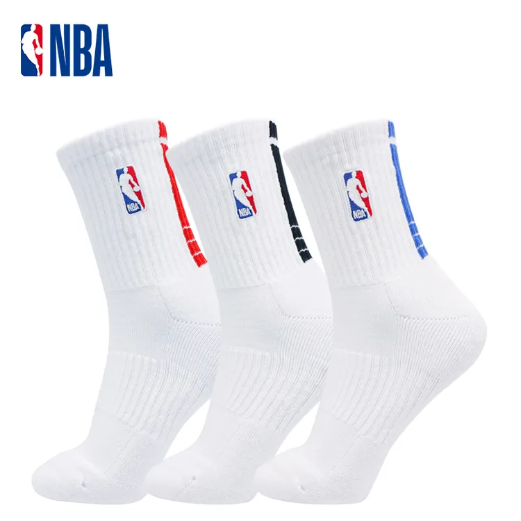 NBA训练跑步运动袜男中筒毛巾底加厚防滑耐磨透气青少年白袜3双