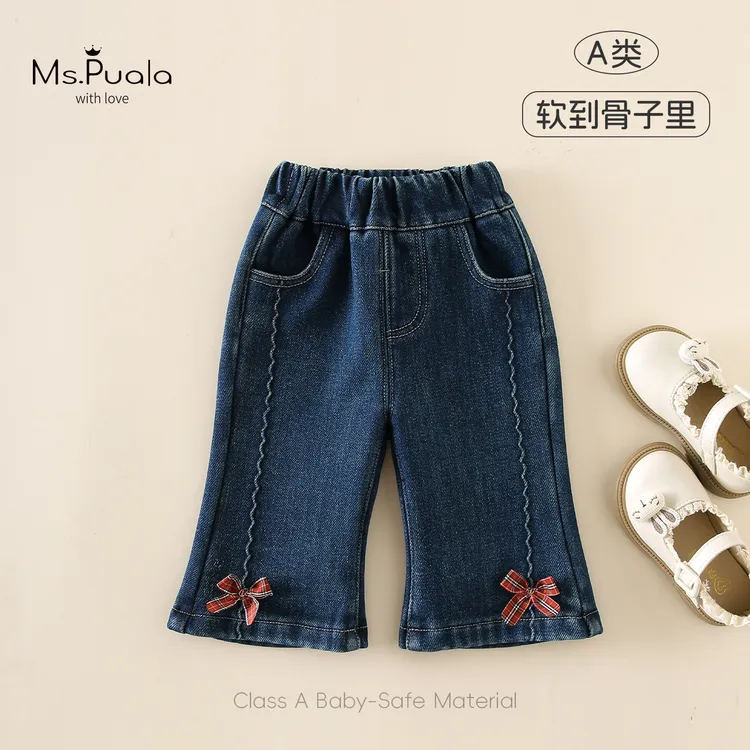 【Ms.Puala安东尼】童装婴幼女童波浪缝线格纹蝴蝶结加绒微喇牛仔裤