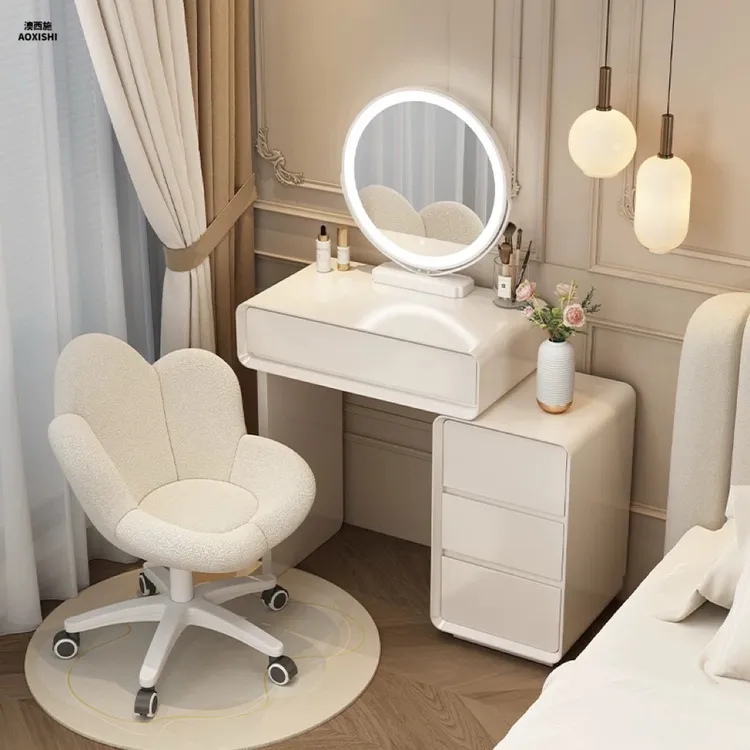 澳西施小户型实木烤漆梳妆台卧室现代简约奶油风高级收纳柜化妆桌