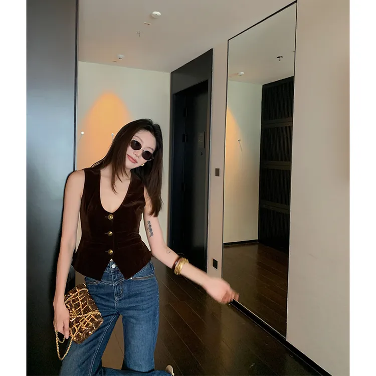 【ALONE SAVOR】龍喜儿棕榈落丝 老钱风收腰马甲U领无袖背心J987