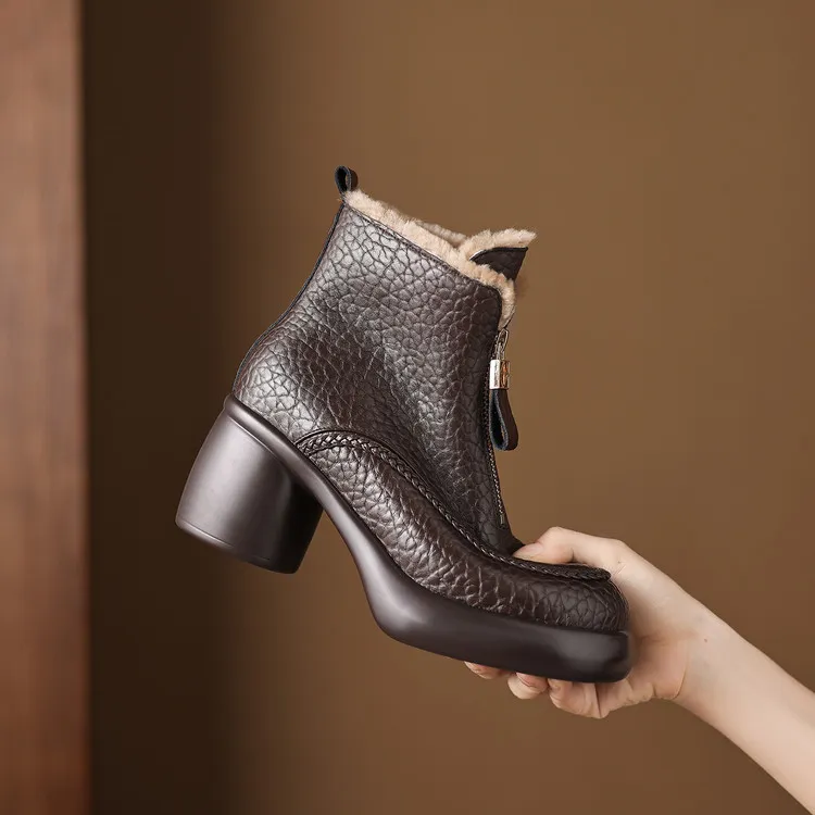 头层牛皮~7.5cm新款前拉链时尚高跟粗跟英伦复古保暖羊羔毛短靴女